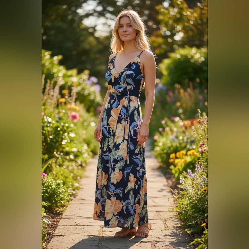 🎉HP🎉Navy Floral Maxi Dress with Orange and Cream Flowers